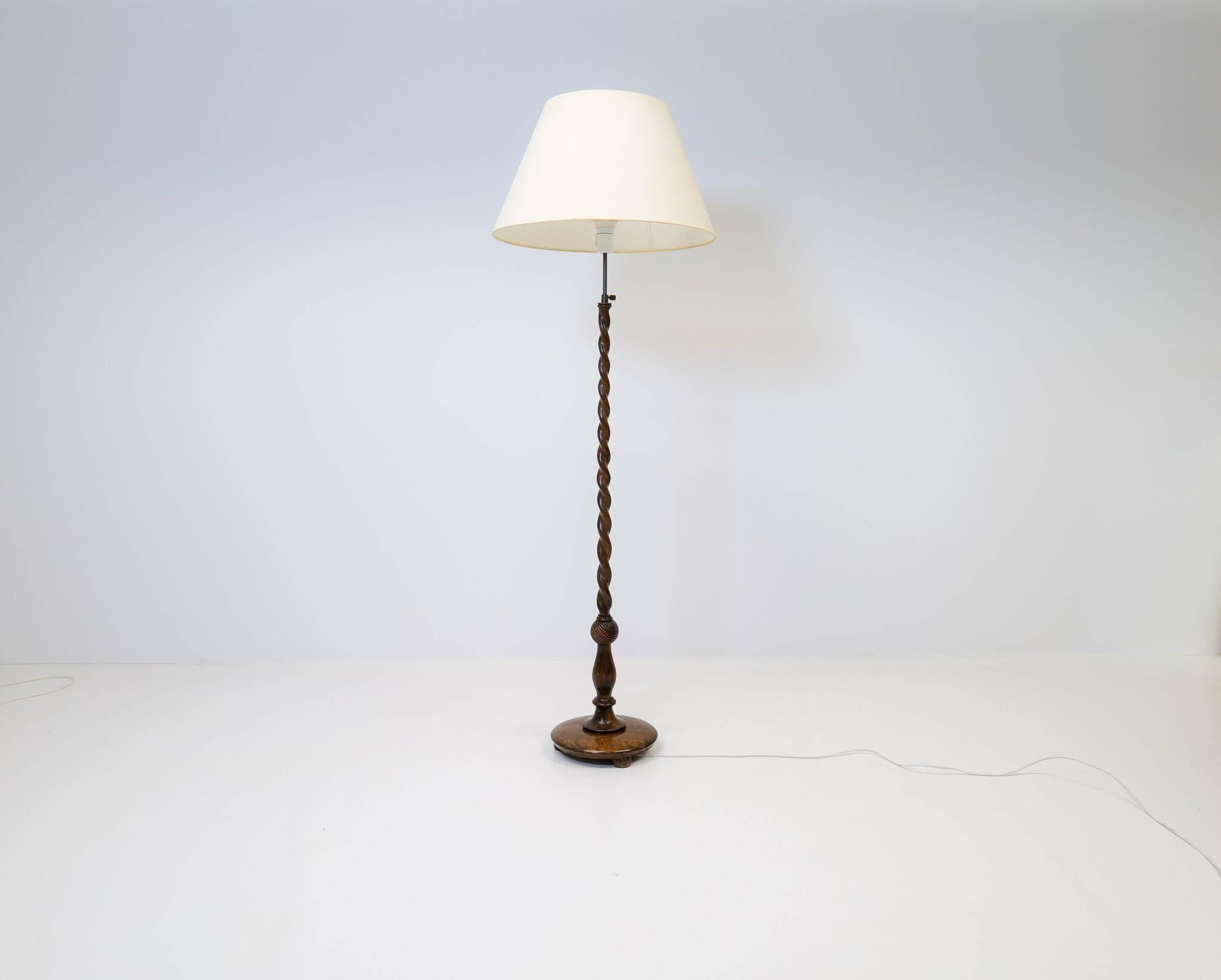 Organic whirlwind floor lamp in stained birch, Art Deco, Sweden, 1940s.
