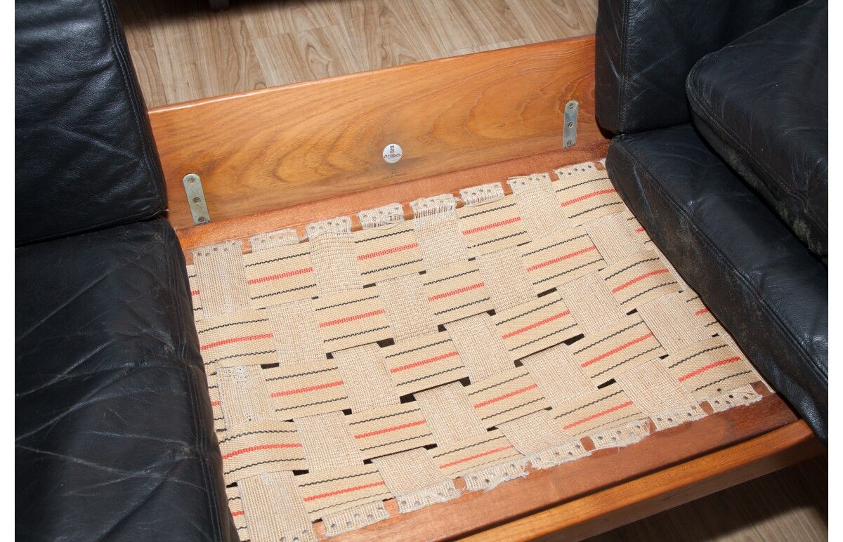 Black sofa 3 places leather and teak by Ole Wanscher for France & Søn