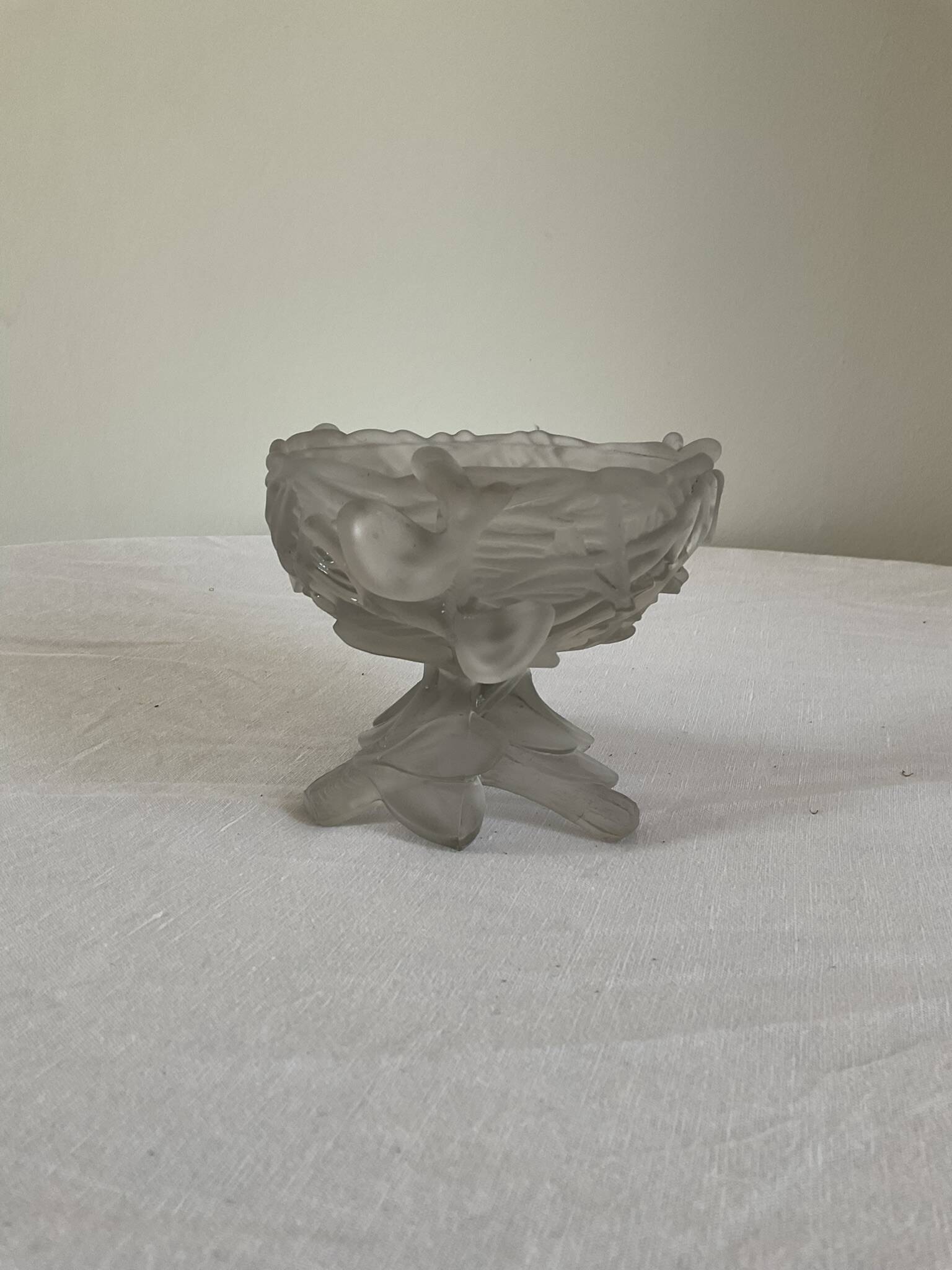 Vintage frosted glass coupe with a fruit and foliage design.