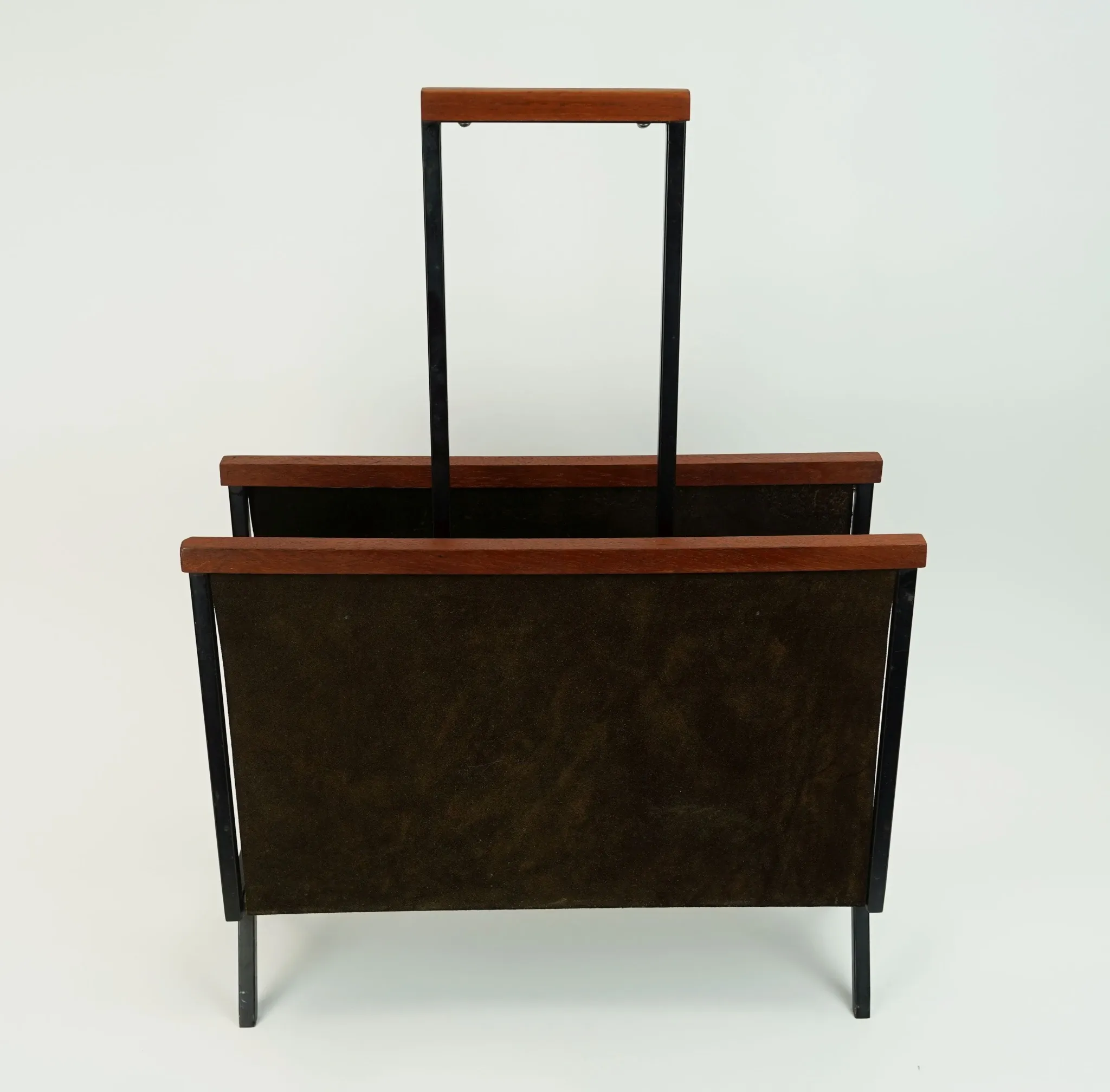 1960s mid century MAGAZINE RACK newspaper holder brown suede metal teakwood