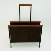 1960s mid century MAGAZINE RACK newspaper holder brown suede metal teakwood