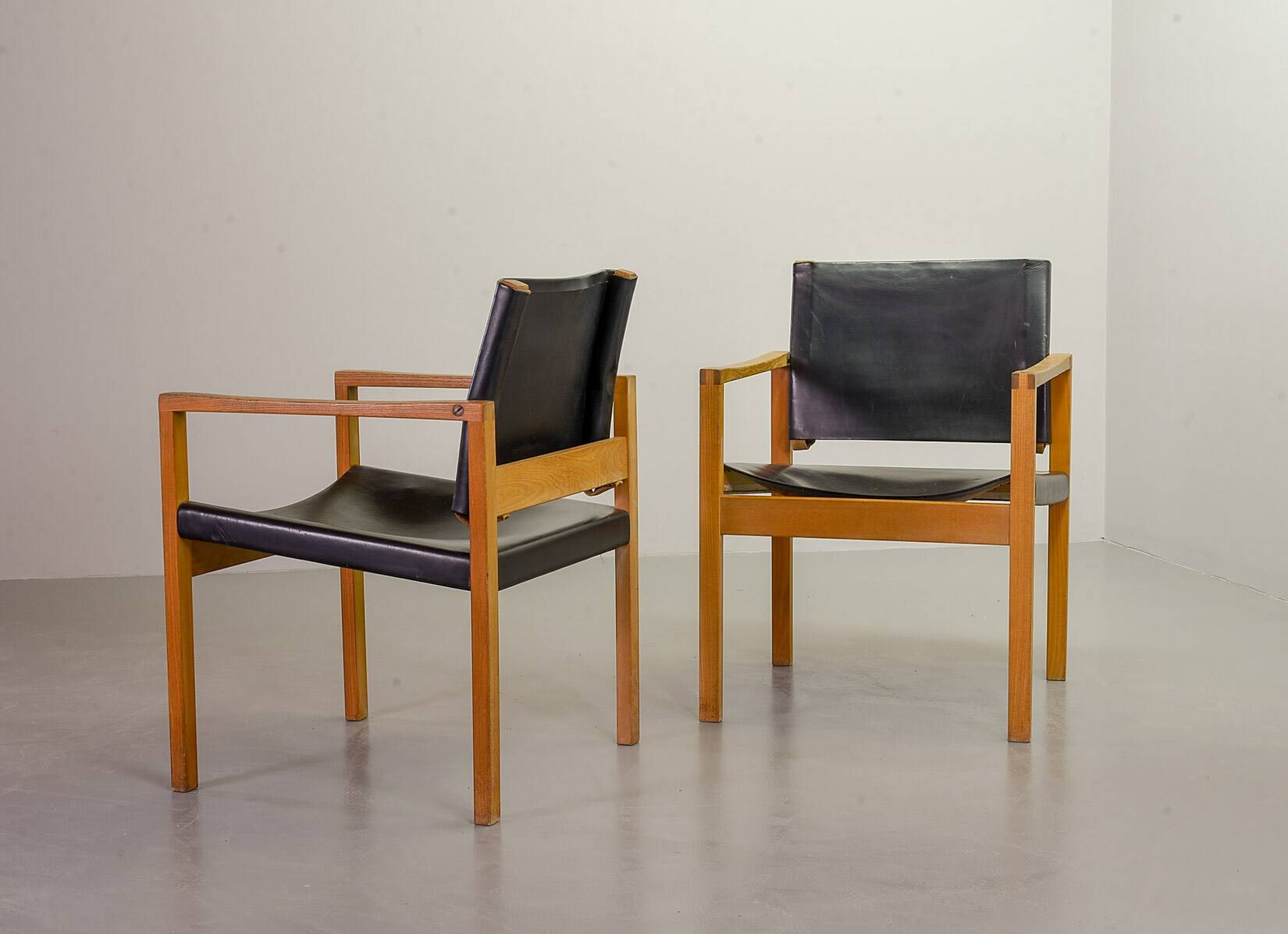Brutalist Nordic Scandinavian Solid Oakwood and Black Leather Armchairs 60s