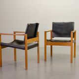 Brutalist Nordic Scandinavian Solid Oakwood and Black Leather Armchairs 60s