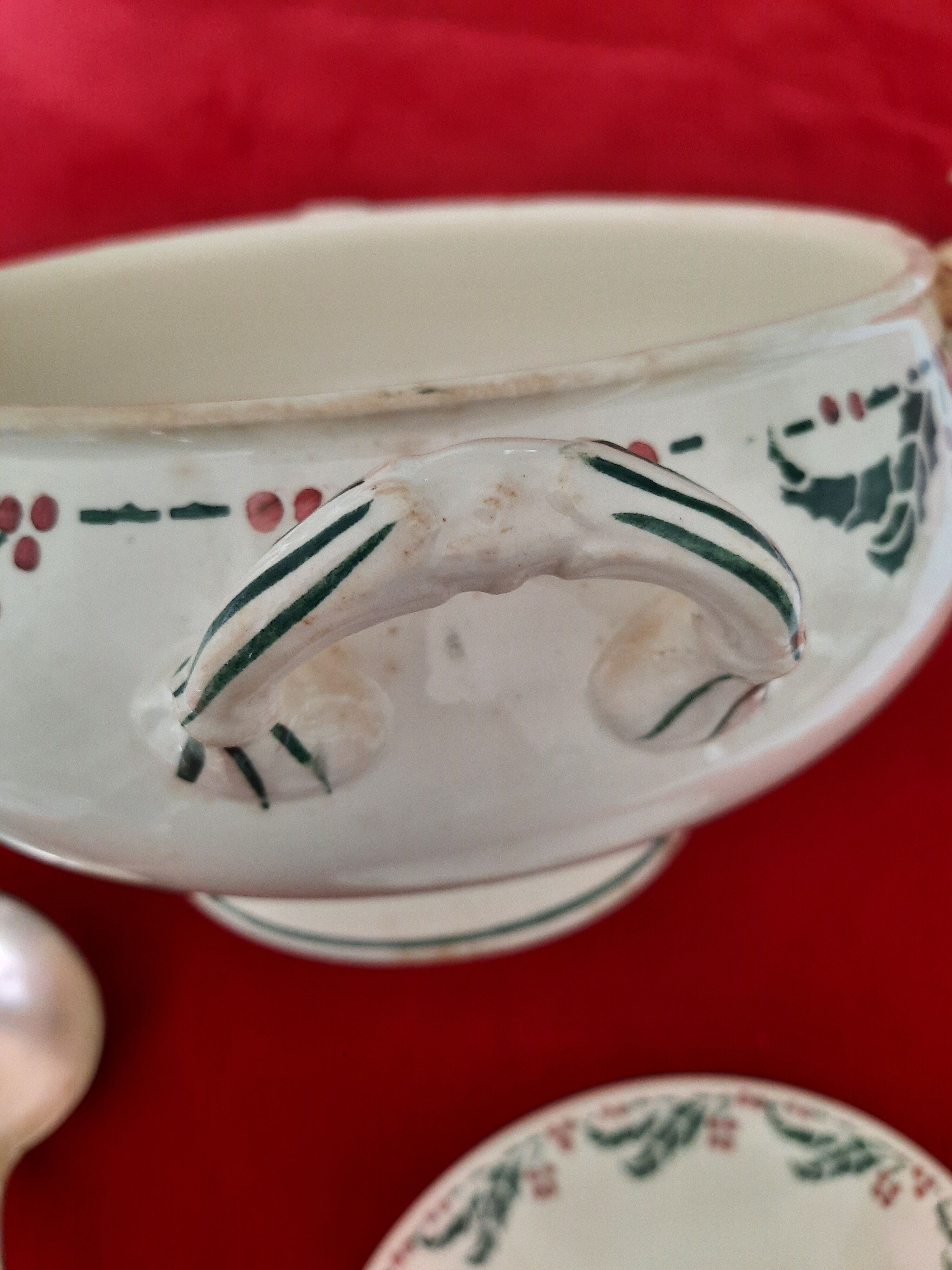 Flat, dessert, hollow plates and tureen in old earthenware