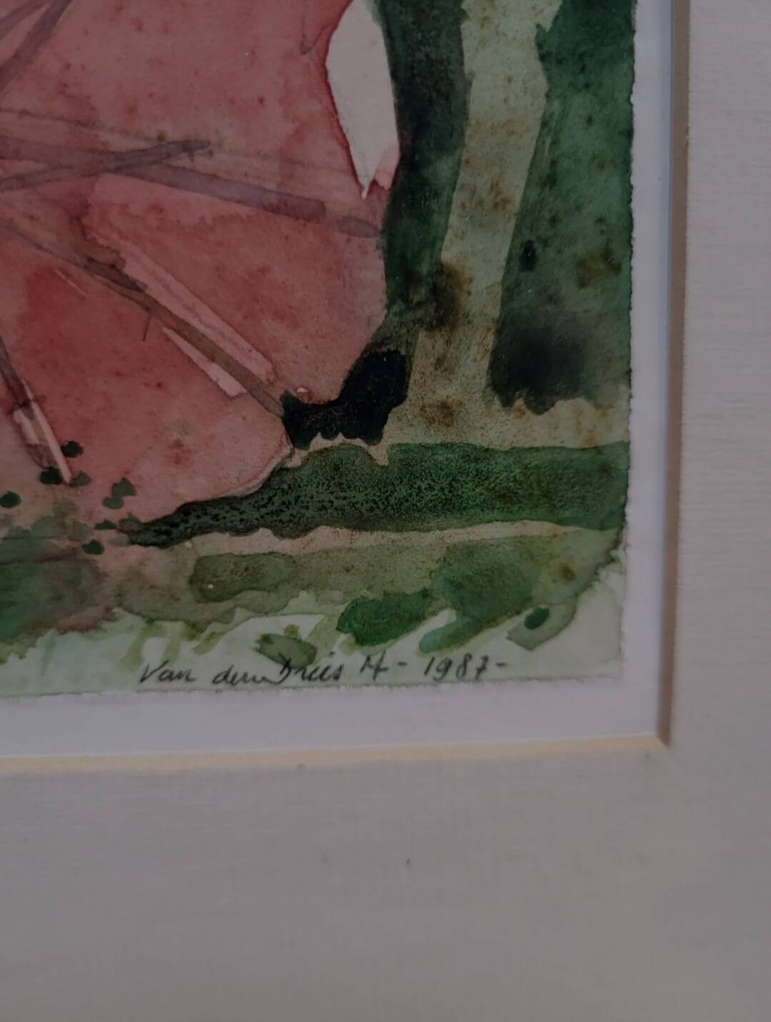 Aquarel of schilderijtje, “Parasol”, M. Van den Dries, 1987