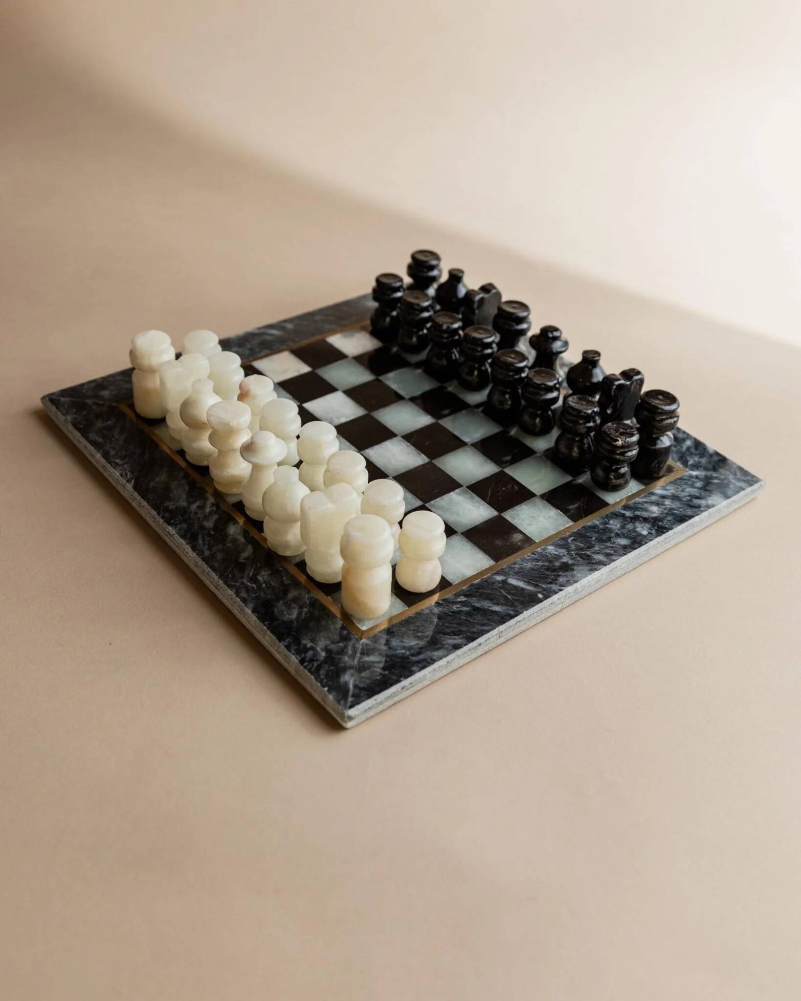 Vintage Marble Chess Set in Black and Cream Stone with Hand-Carved Pieces, Italian 1960s