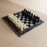 Vintage Marble Chess Set in Black and Cream Stone with Hand-Carved Pieces, Italian 1960s