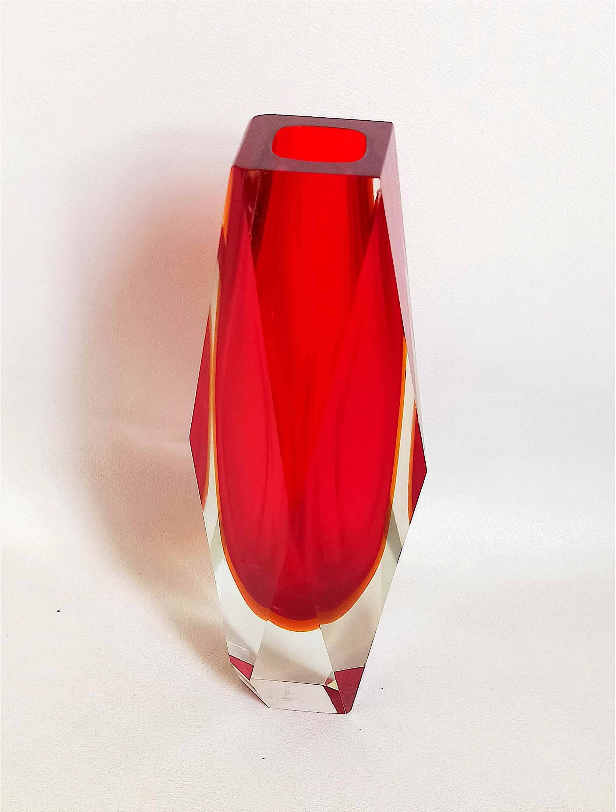 Bright red Murano Sommerso faceted vase 1960s Height 30 cm