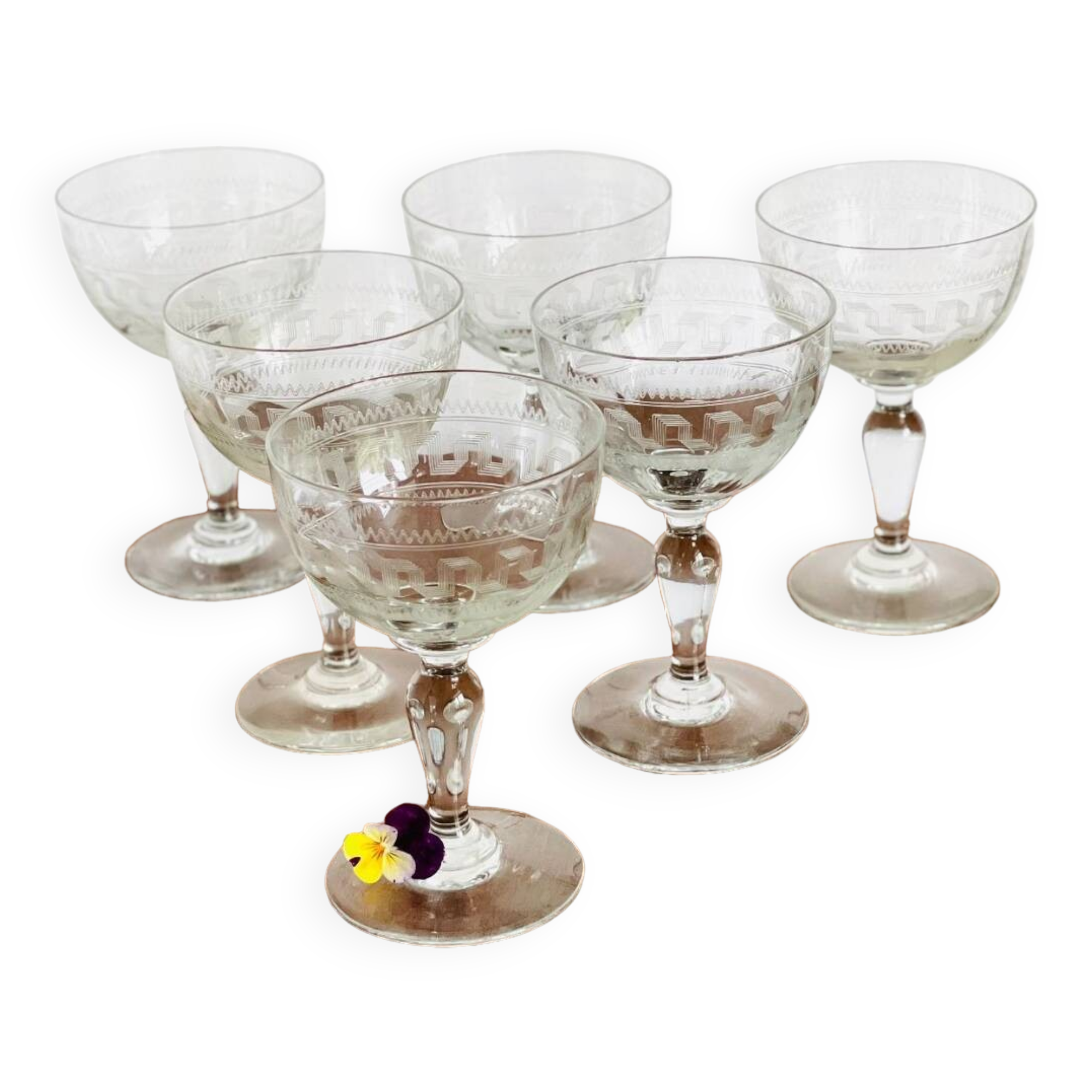 6 19th century guilloche stemmed glasses