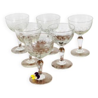 6 19th century guilloche stemmed glasses