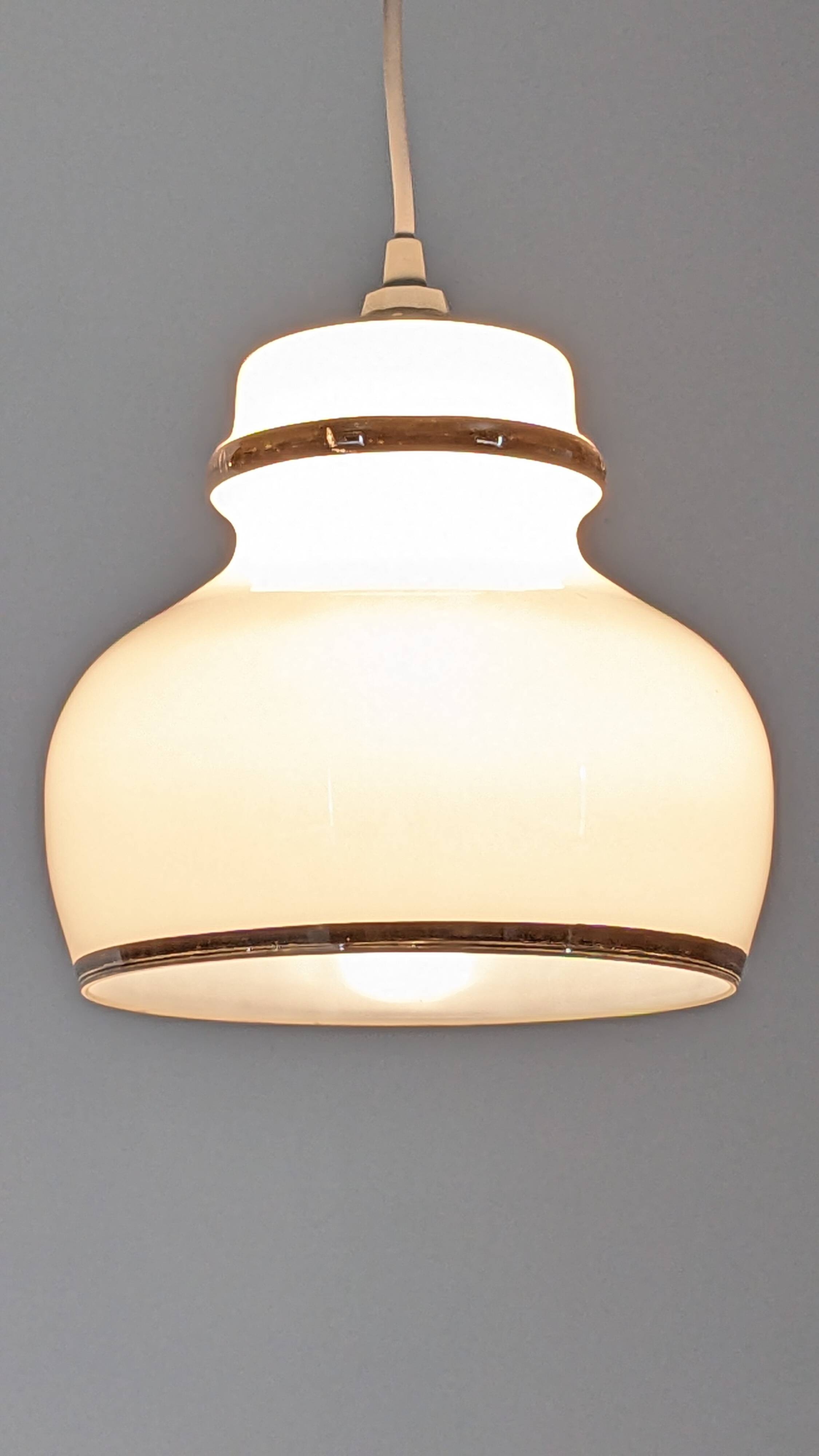 Suspension in white opaline with chrome trim, France circa 1970.