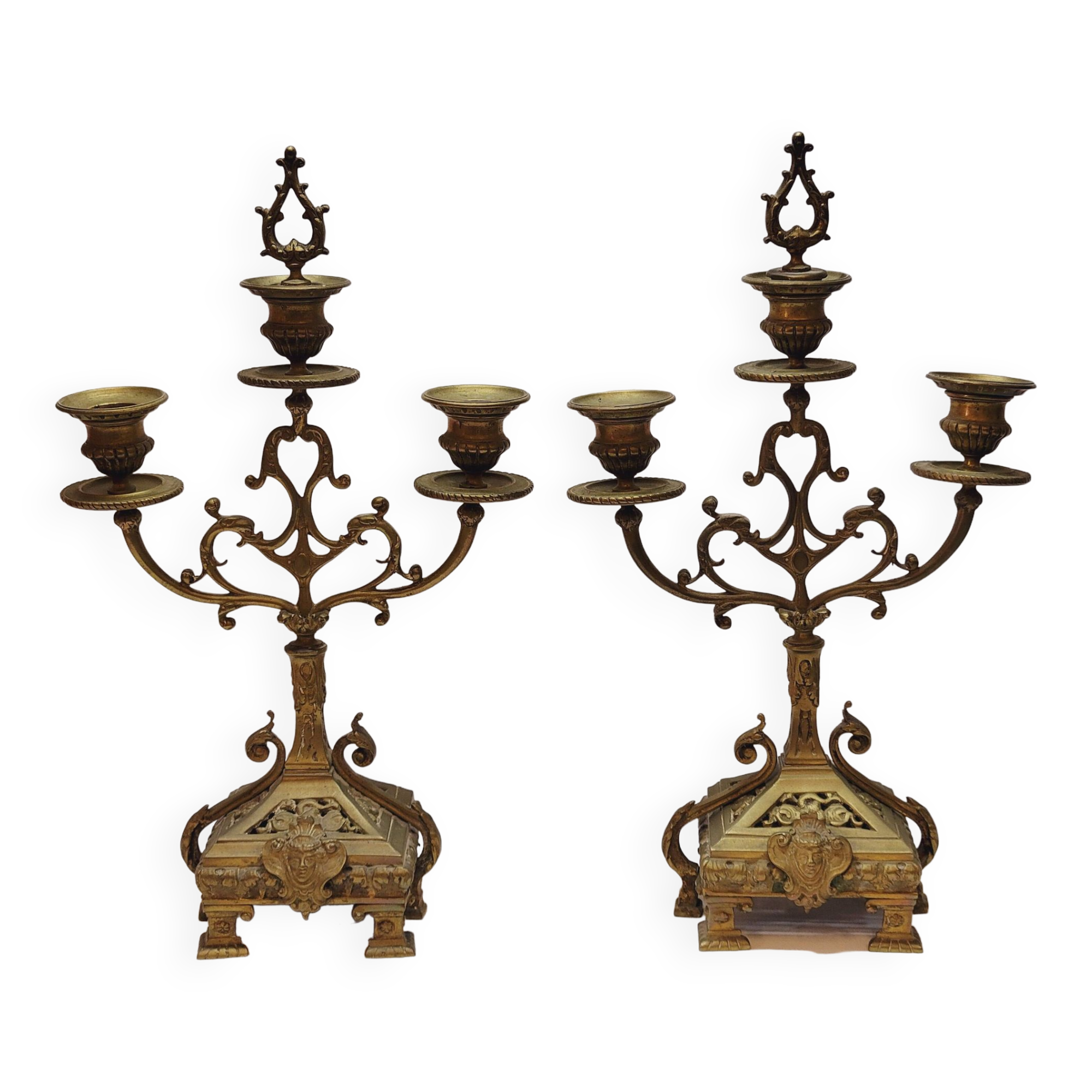 Old pair of 3 branched brass candlesticks