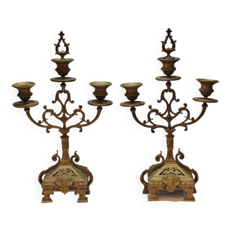 Ancienne paire de chandeliers a 3 branches en laiton