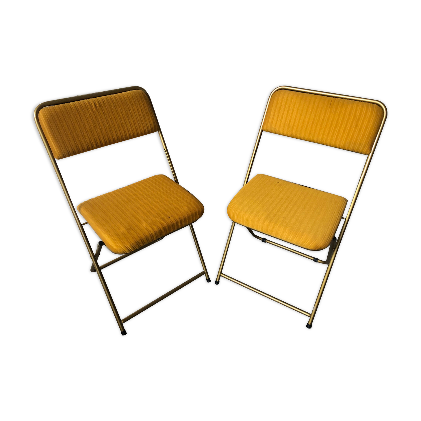 Pair old folding chair lafuma golden metal & vintage yellow fabric