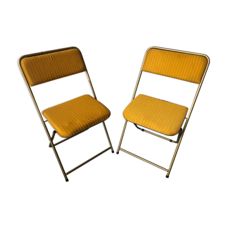 Paire ancienne chaises pliante lafuma métal doré & tissu jaune vintage