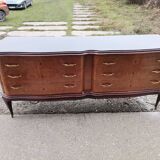 Mid-century Italian brown wooden chest of drawers, black glass top and brass handles.