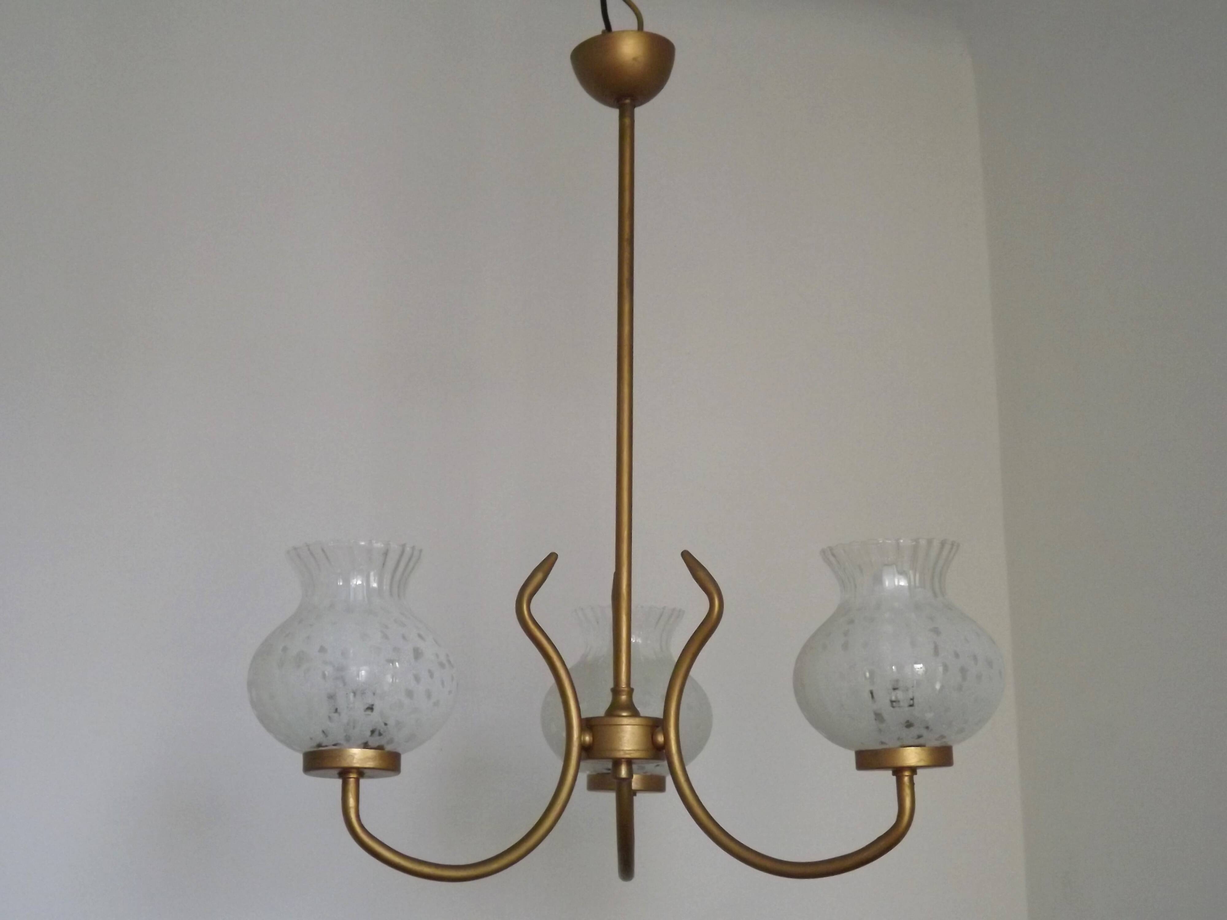 French Mid Century 3 Light Gold Metal Chandelier Textured Glass Shades