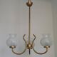 French Mid Century 3 Light Gold Metal Chandelier Textured Glass Shades
