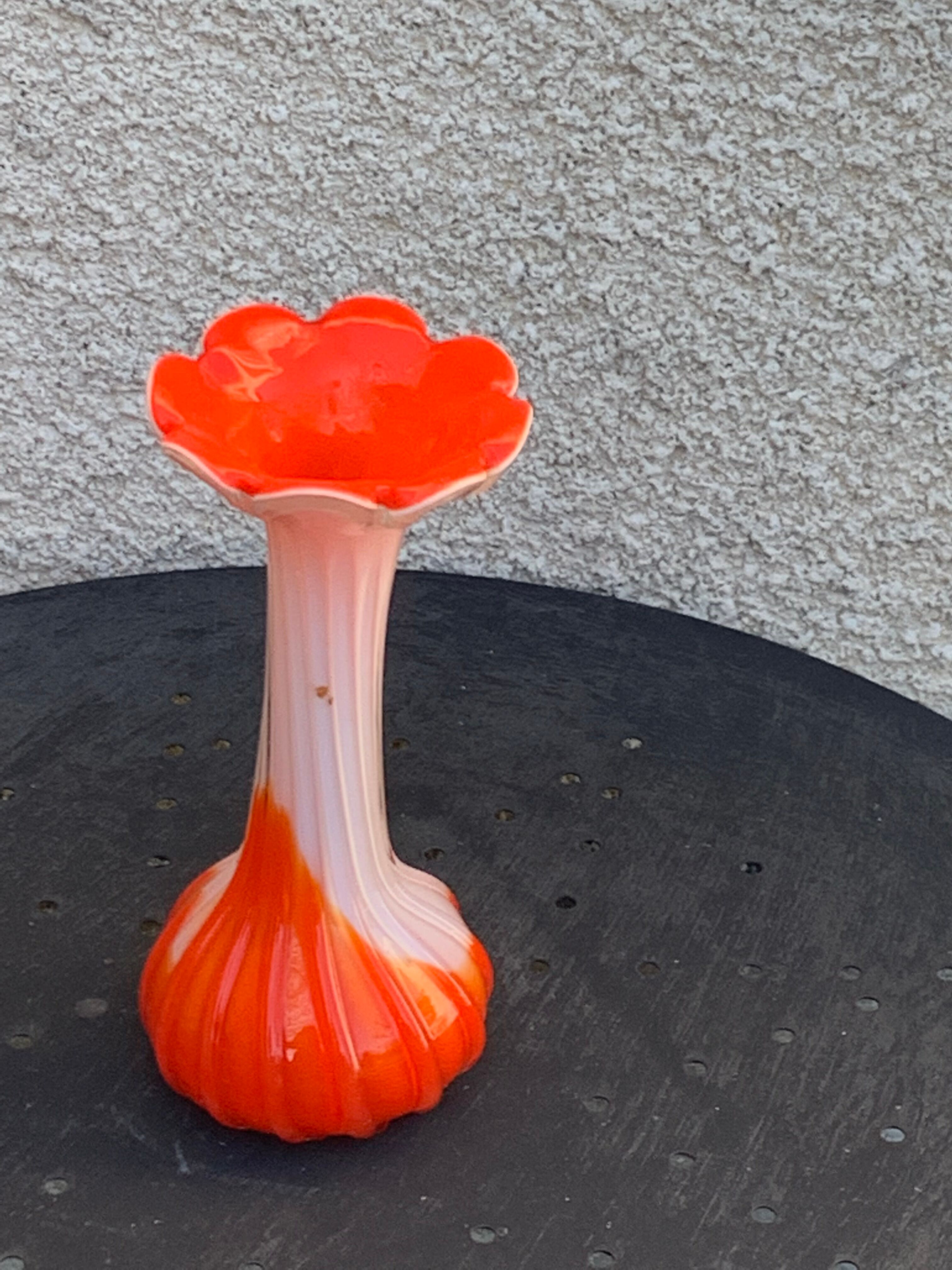 Orange and white opaline vase in the shape of a vintage flower corolla