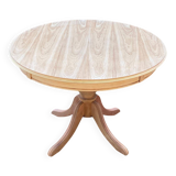 Extendable round dining table with central leg, renovated in raw wood, 150cm