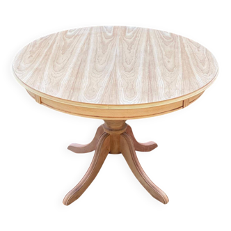 Table à manger ronde extensible pied central rénovée en bois brut 150cm