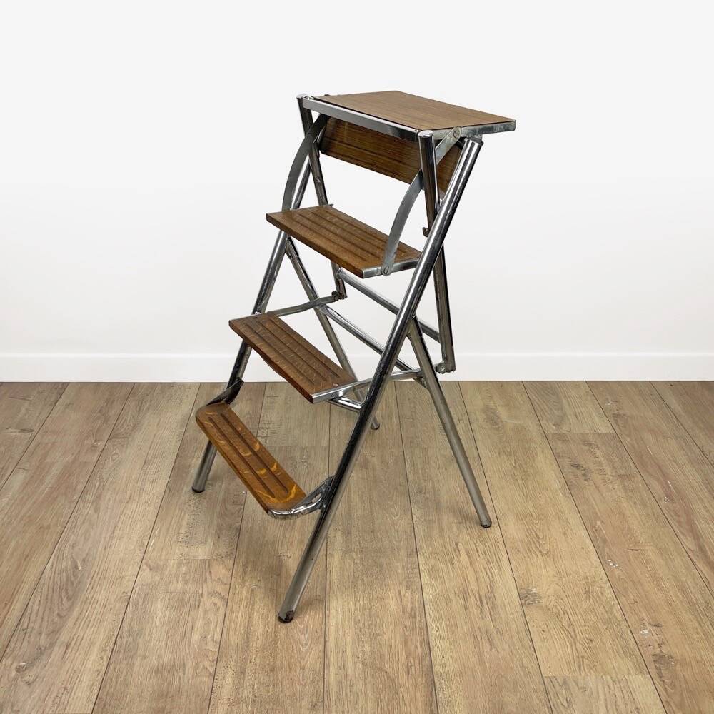 Metal wood and Formica office step stool chair from the 1950s