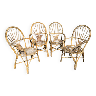 Fauteuils en rotin années 70 France, set de 4