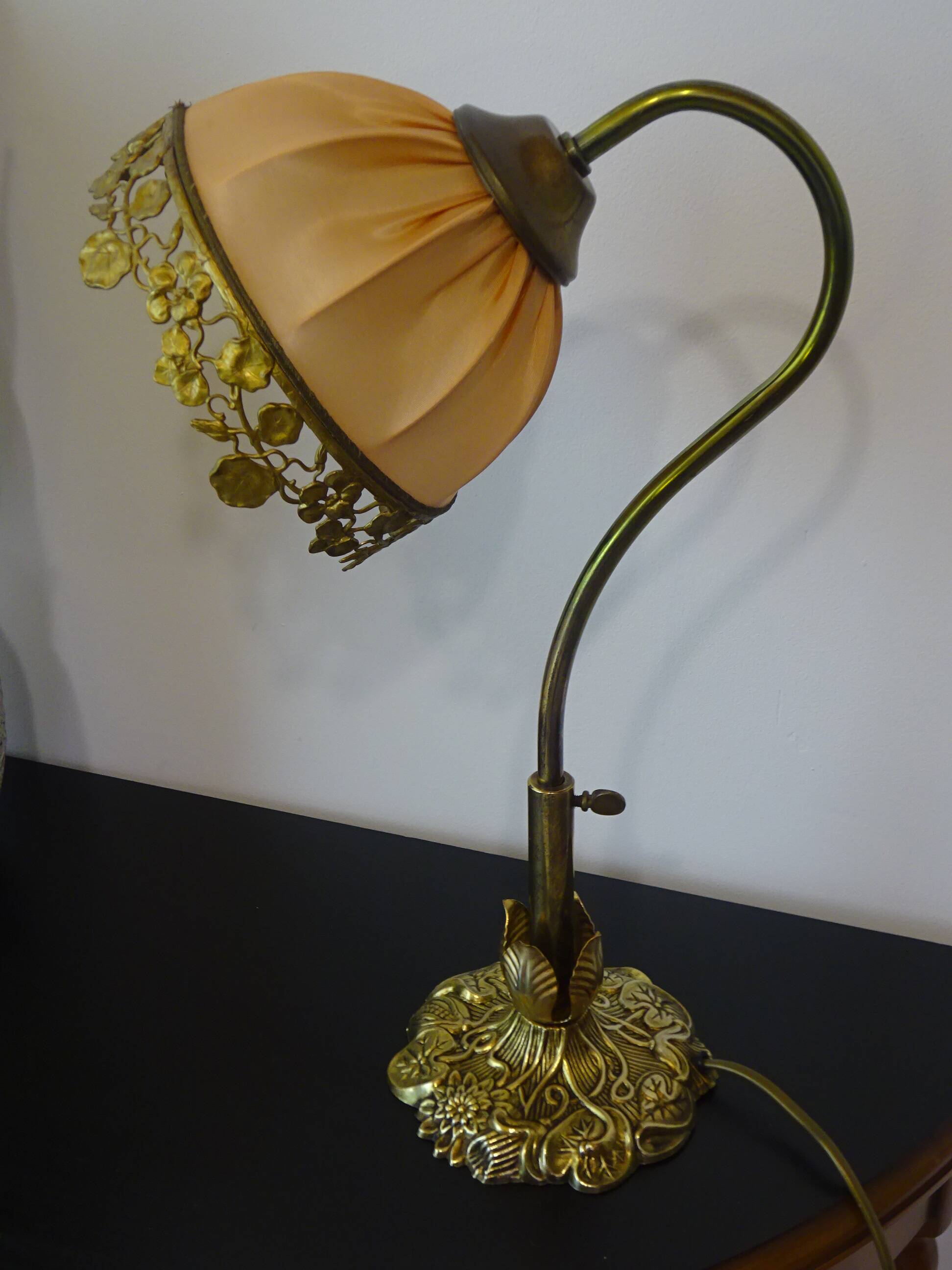 Bronze swan neck lamp, silk shade.