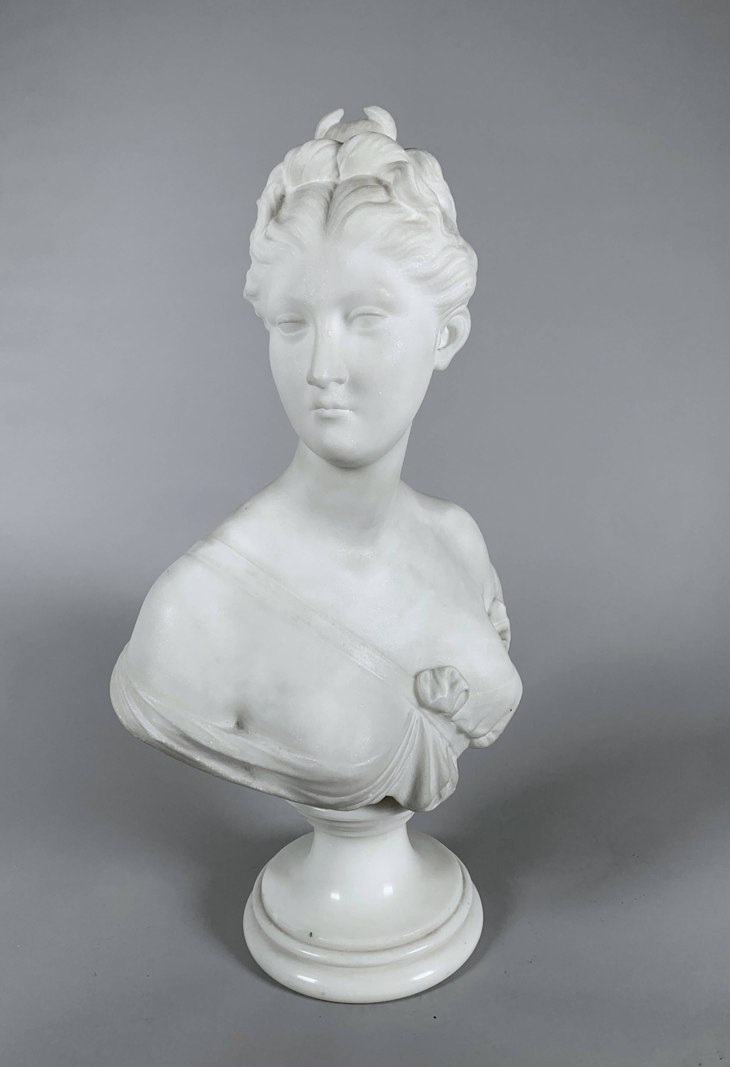 White Marble Sculpture Bust of Diana After Houdon (1741-1828) 19th Century
