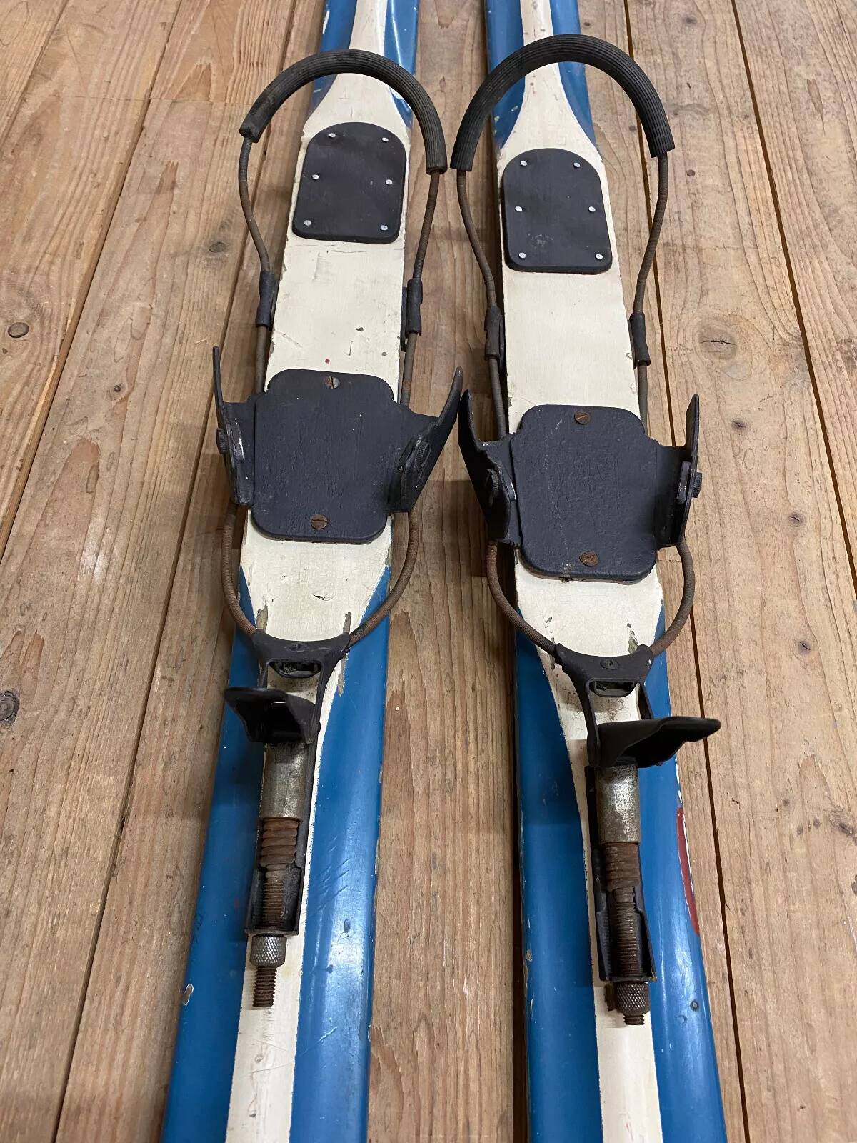 Old Pair of Vintage Blue & White Wooden Skis Mountain Chalet Decor - 218 cm