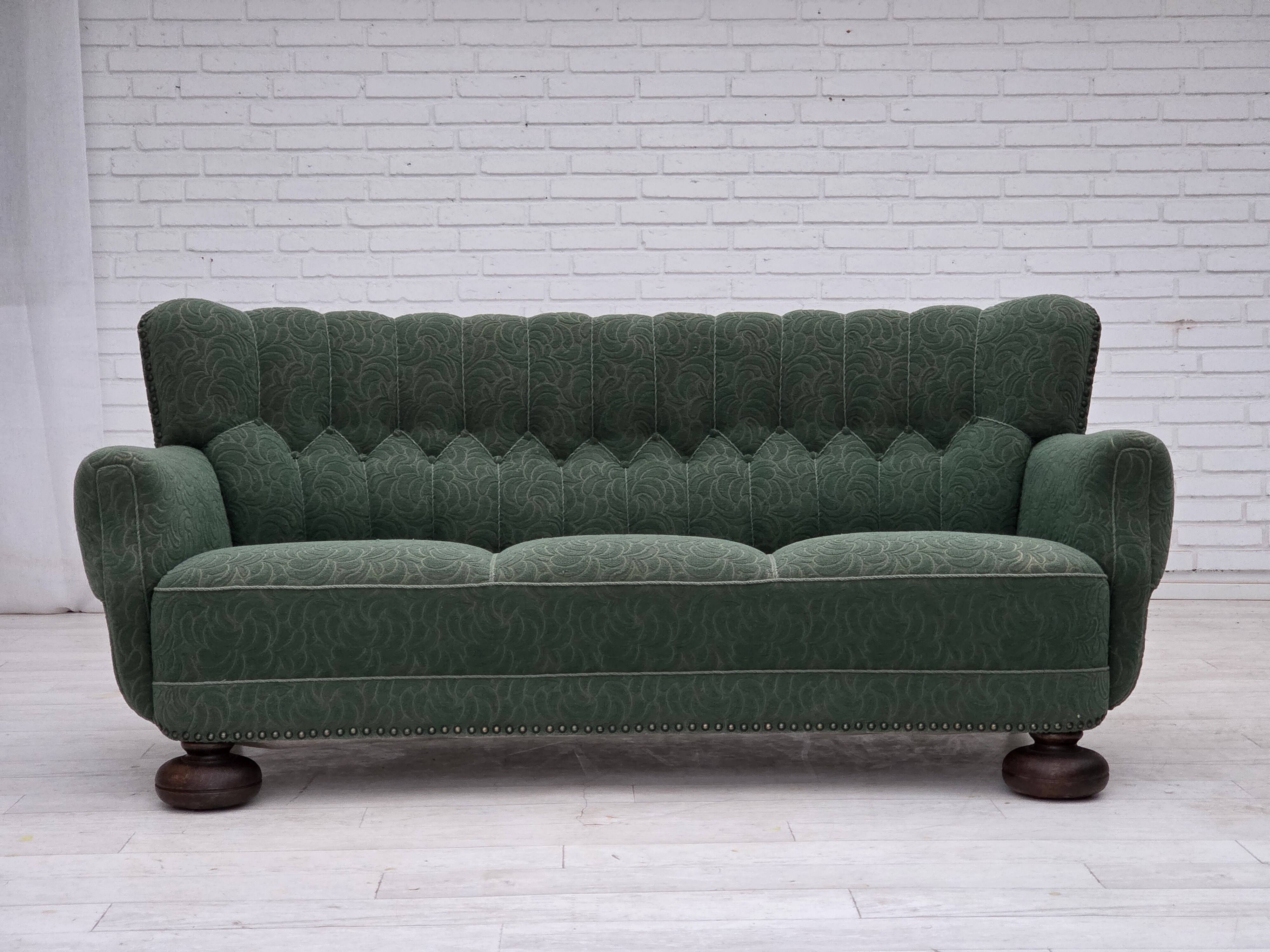 1960s, Danish 3-seater sofa, green furniture wool, oak wood.