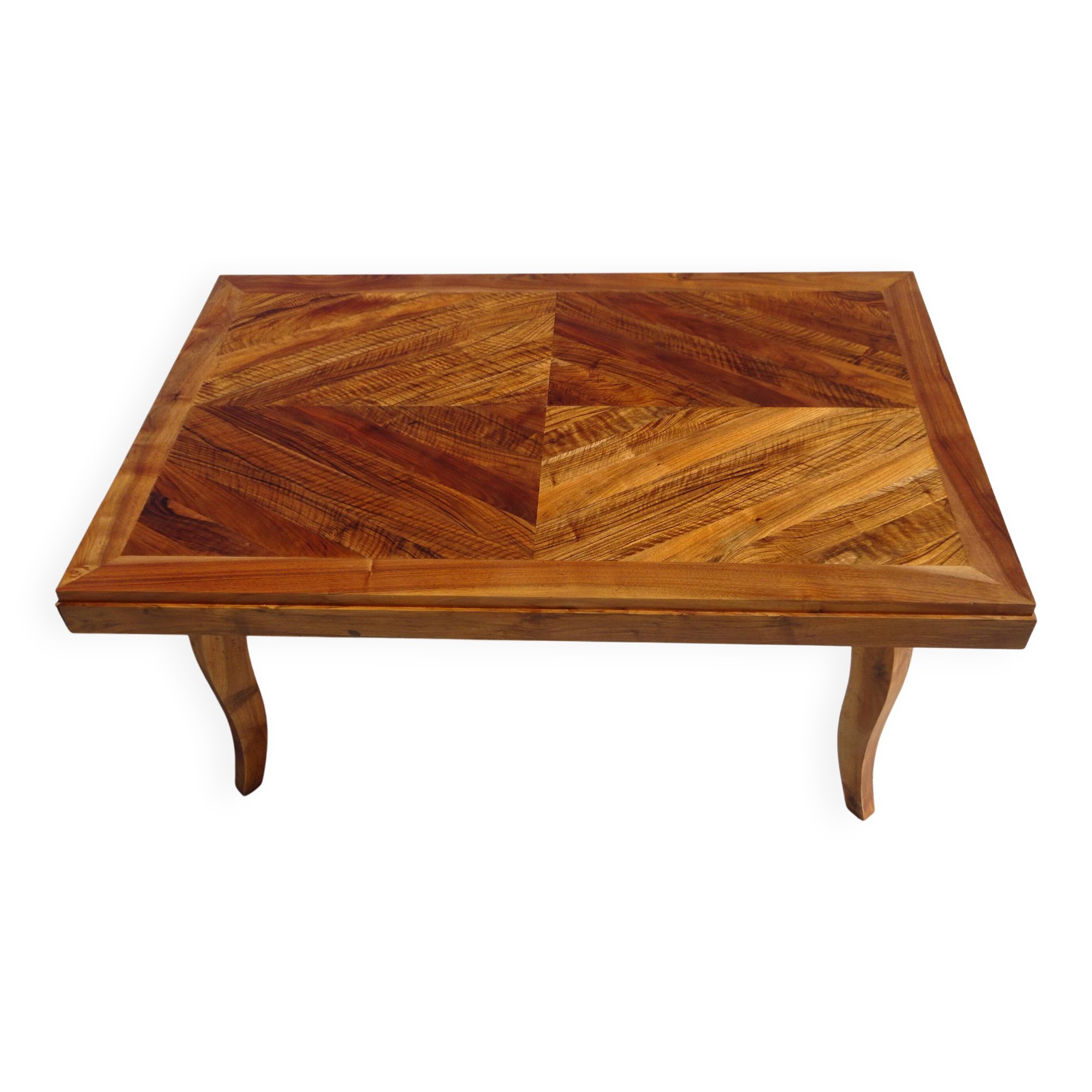 Antique solid walnut table with marquetry and extensions.