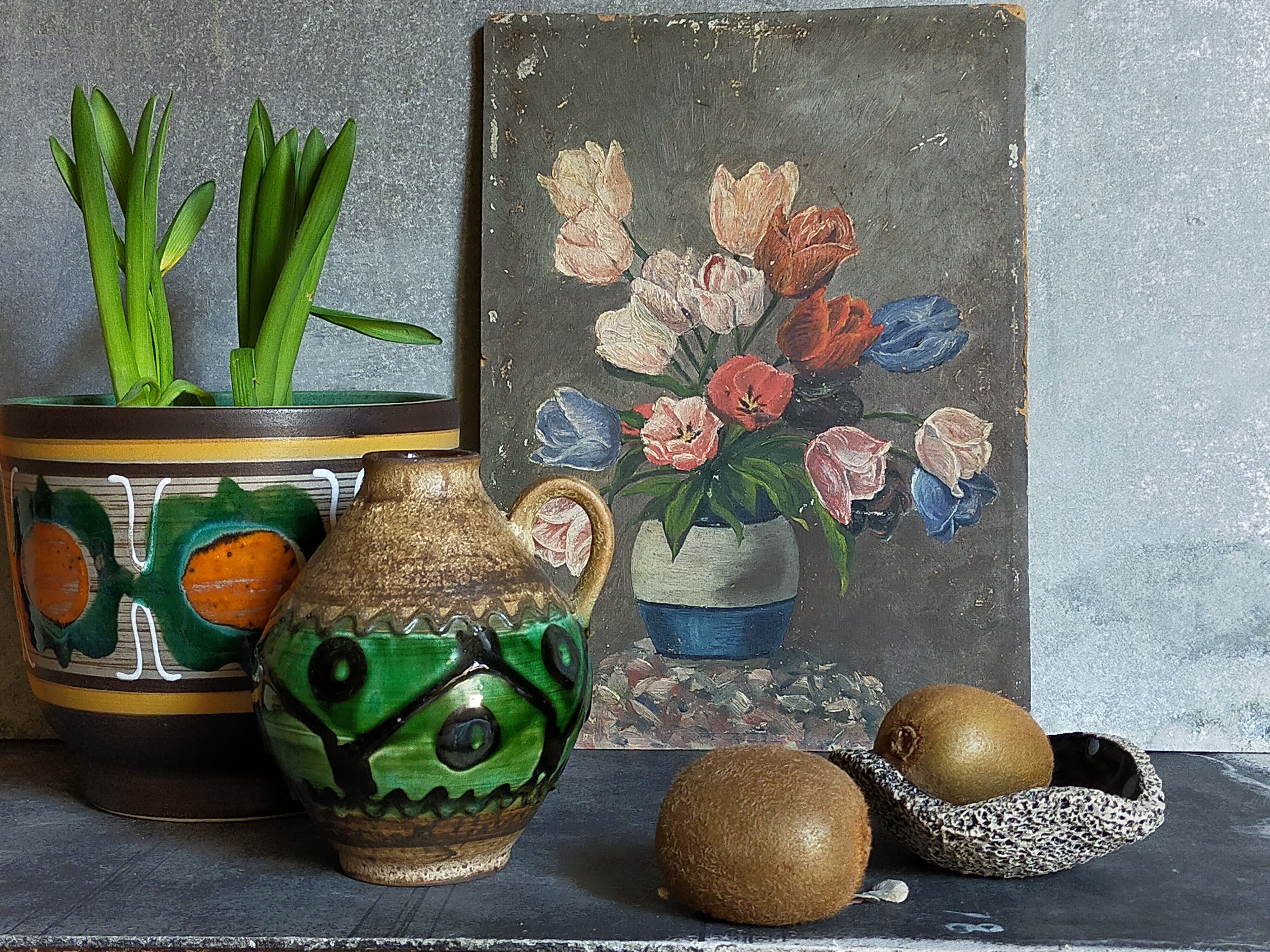 Table oil on cardboard the tulips hatched 30s