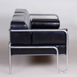 Restored black bauhaus sofa, high-quality leather, chrome-plated steel, 1930s