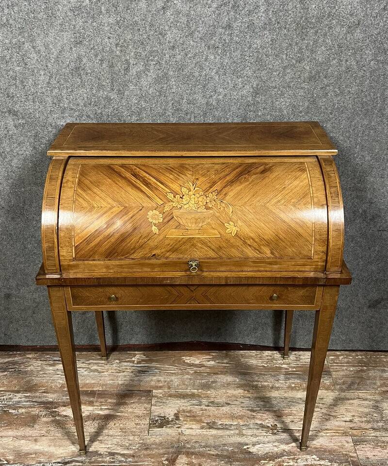 Louis XVI style cylinder desk in marquetry with floral decorations circa 1880