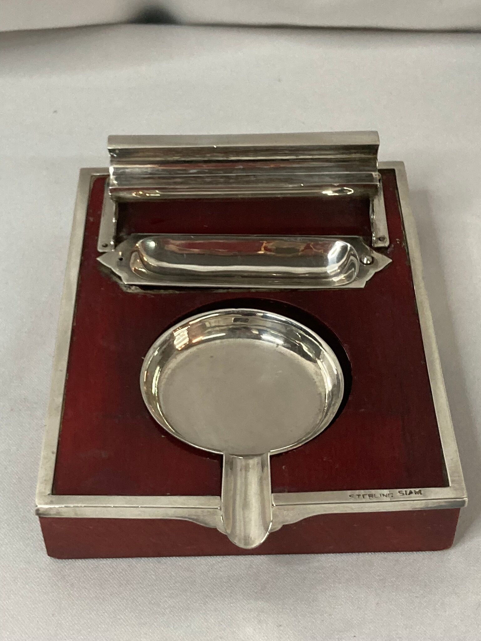 2211869 Vintage, necessary smoker ashtray silver metal red wood circa 1940