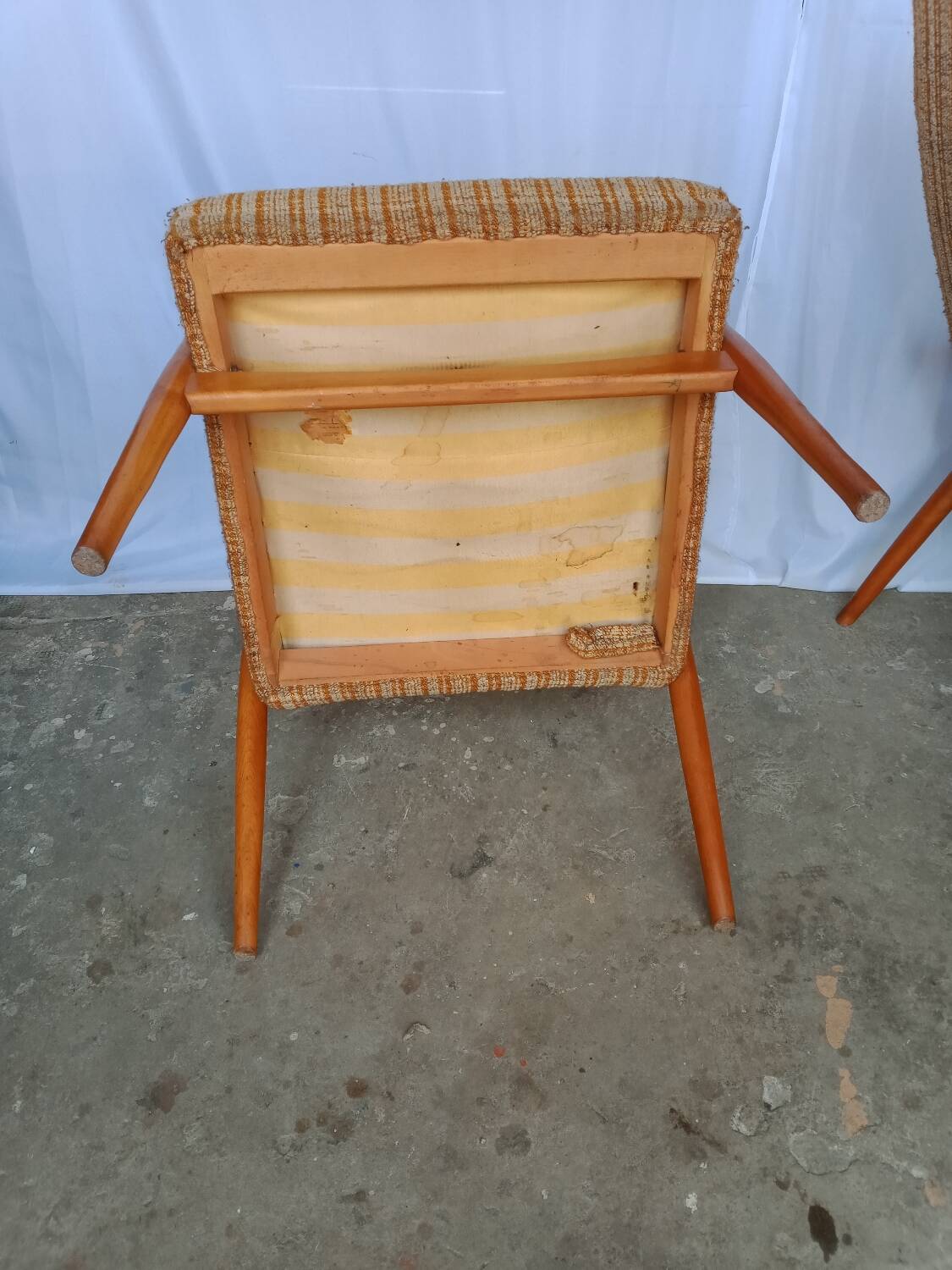 60s wood and fabric armchairs