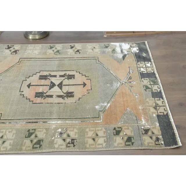 1970s Turkish Oushak Handmade Wool Cotton Green Runner Rug 112x574
