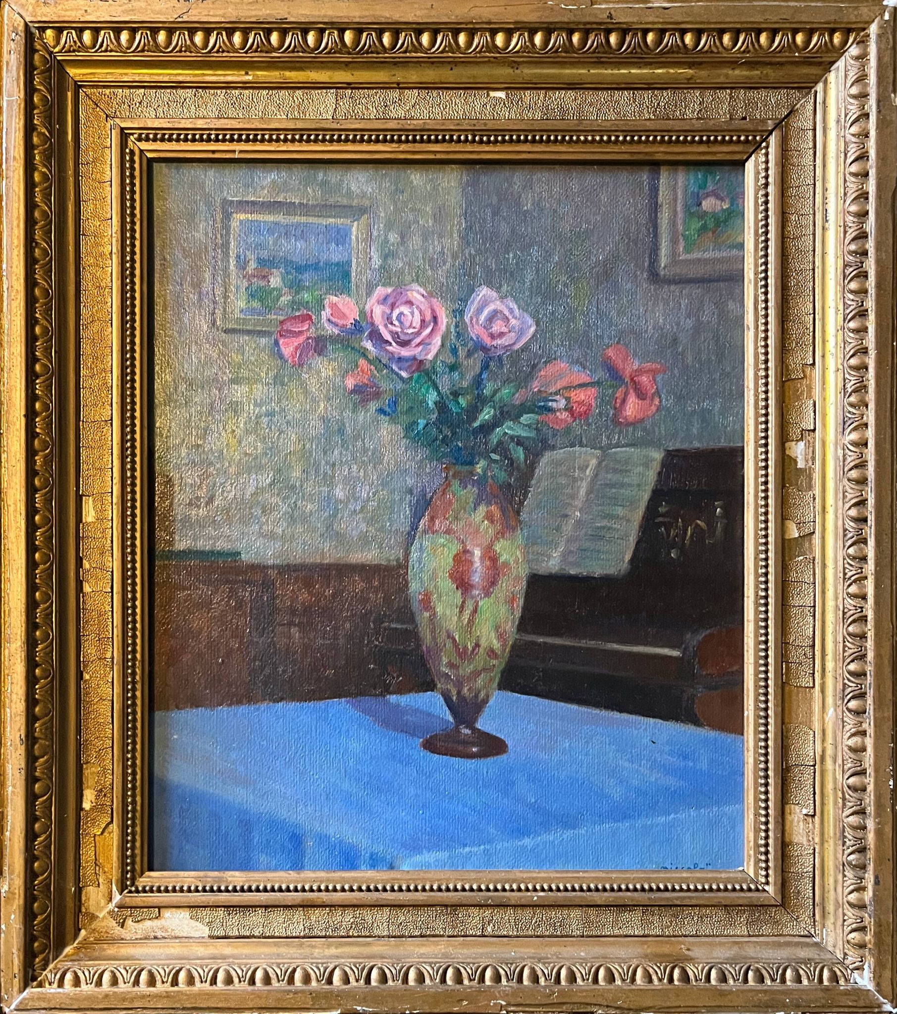 HSP Composition Interior painting with roses, glass paste vase and piano