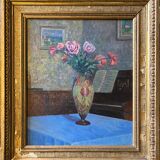 Tableau HSP Composition Intérieur aux roses, vase pâte de verre et piano