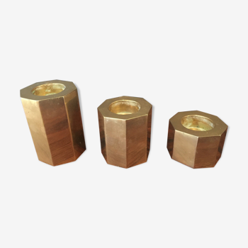 Set of 3 hexagonal candlesticks in brass 70