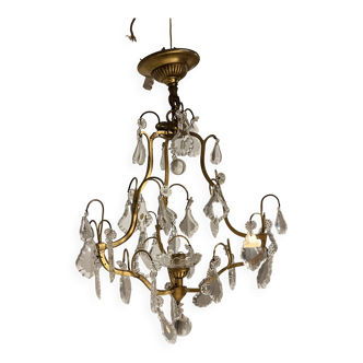 Vintage Czechoslovak brass chandelier with pendants – Bohemian crystal