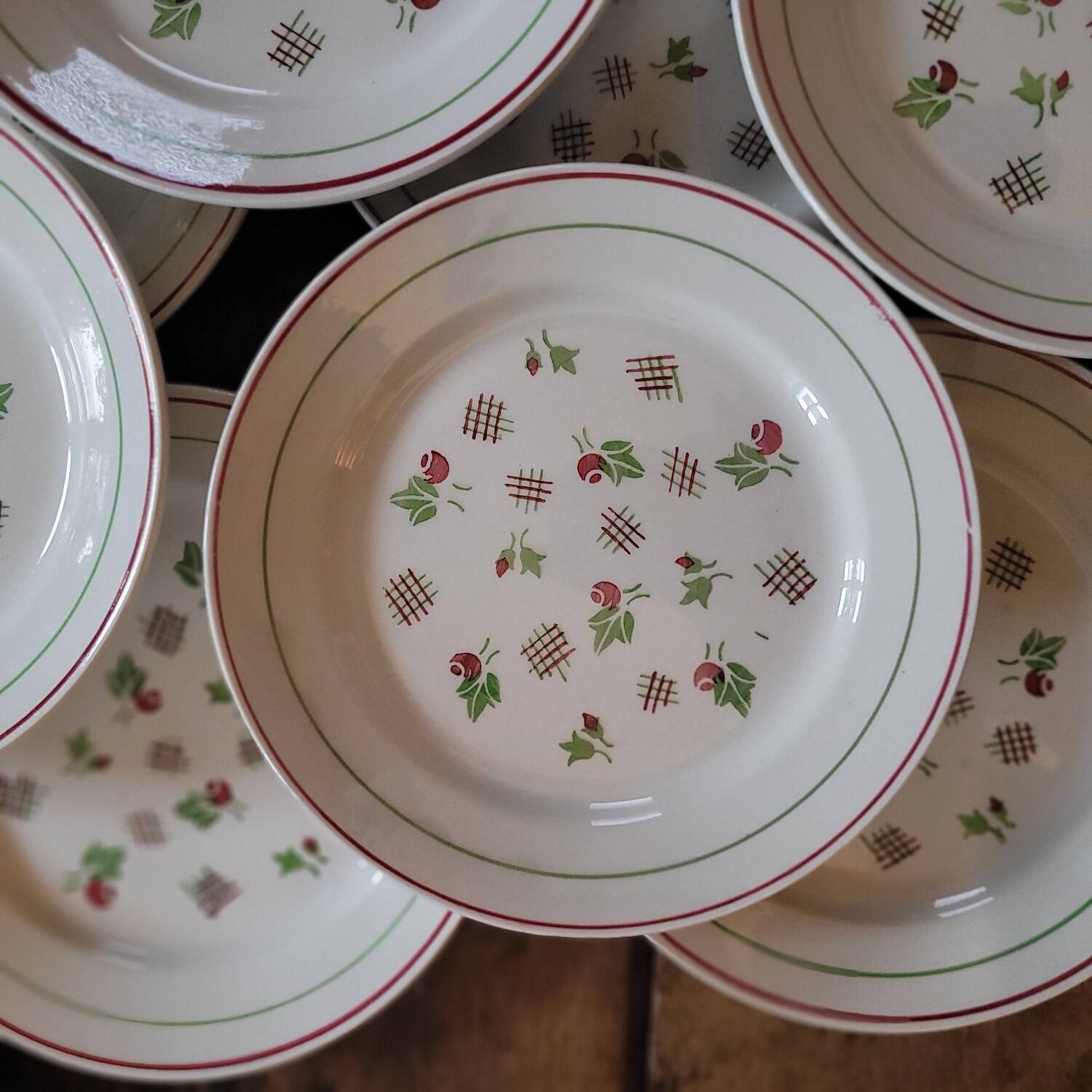 11 dinner plates decorated with stylized roses. 1950s. 11 dinner plates