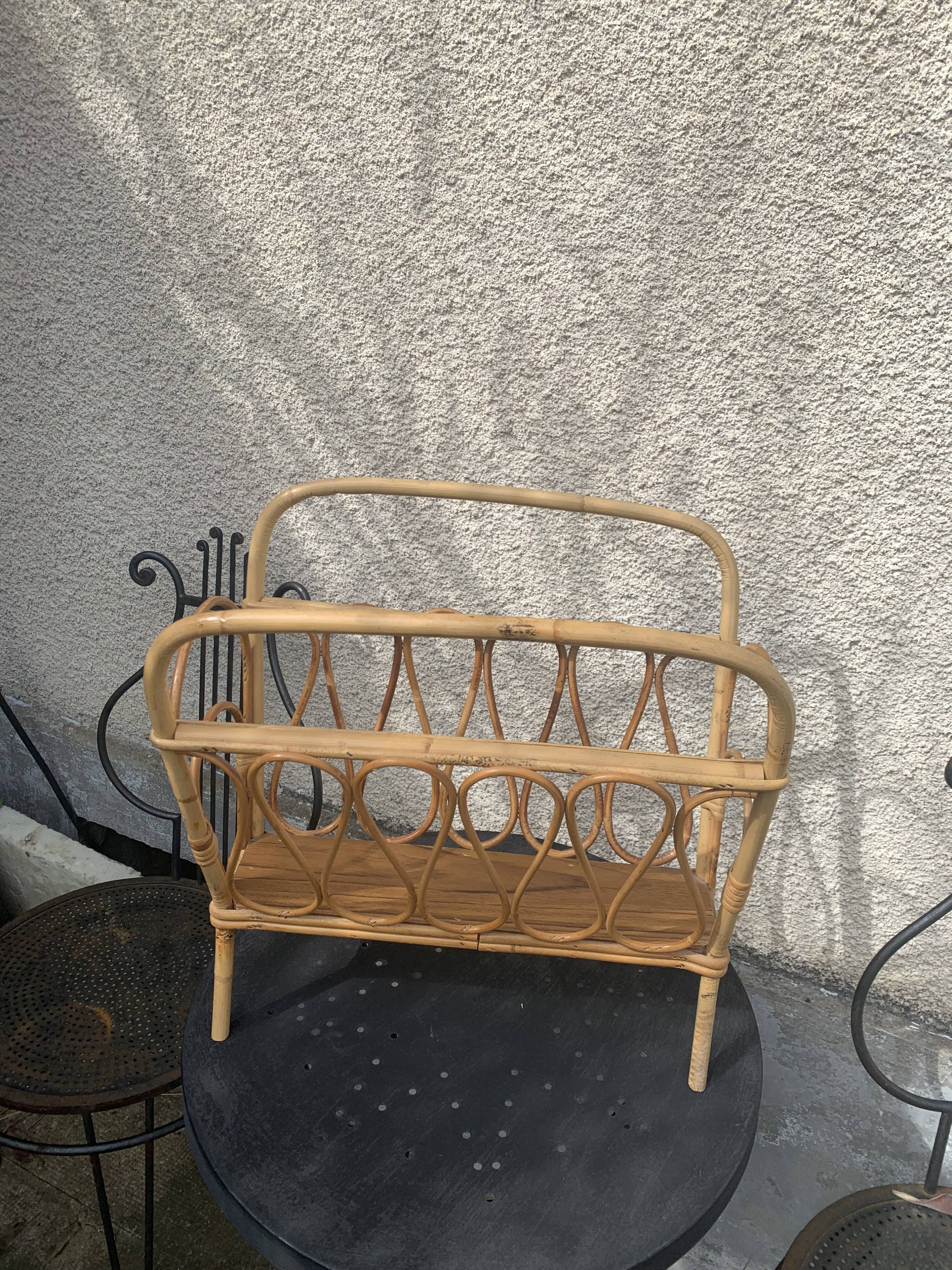 Vintage bamboo and rattan magazine holder 1960