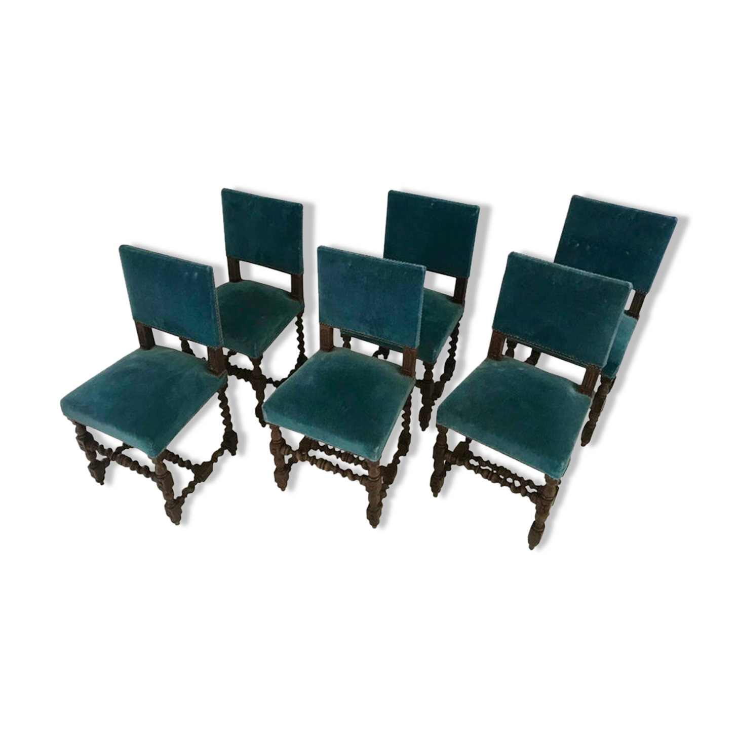 Set of 6 blue velvet chairs in Louis XIII 19th century style