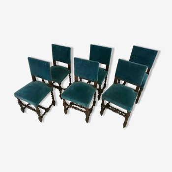 Set of 6 blue velvet chairs in Louis XIII 19th century style