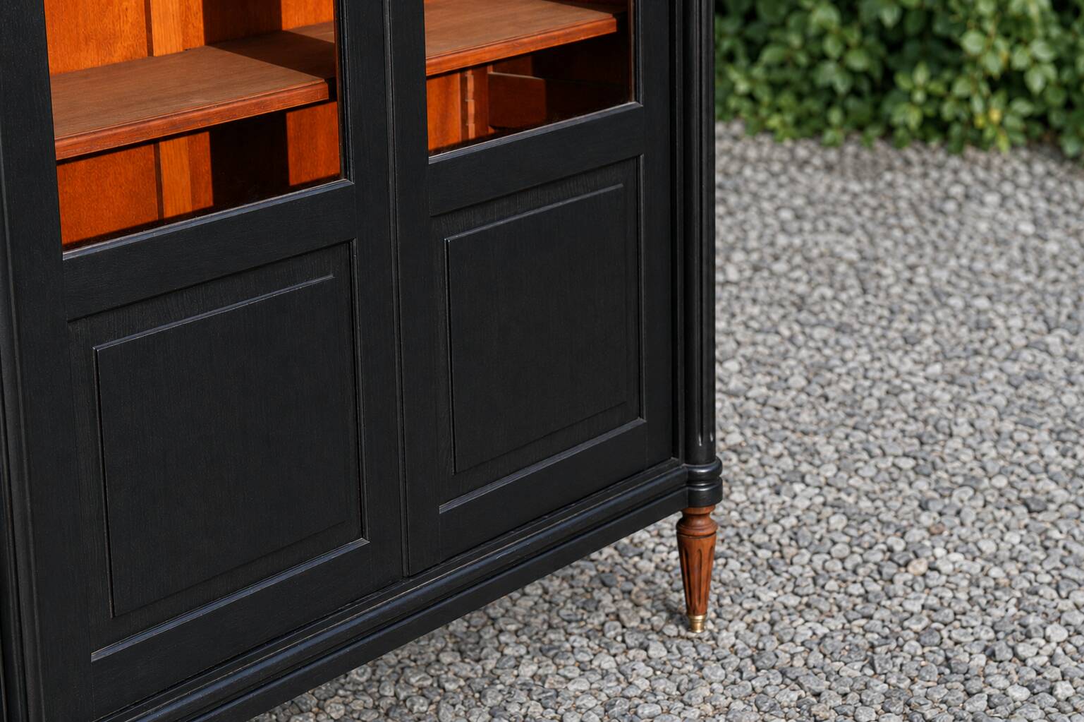 Renovated black antique Louis XVI style display cabinet, glass-fronted bookcase.