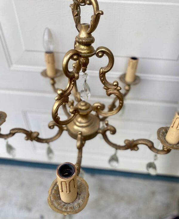 Lustre en laiton et pampilles 5 branches style Louis XV