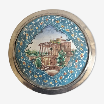 Ancienne boite persane en métal argenté émaillé, Ispahan, fin XIXème