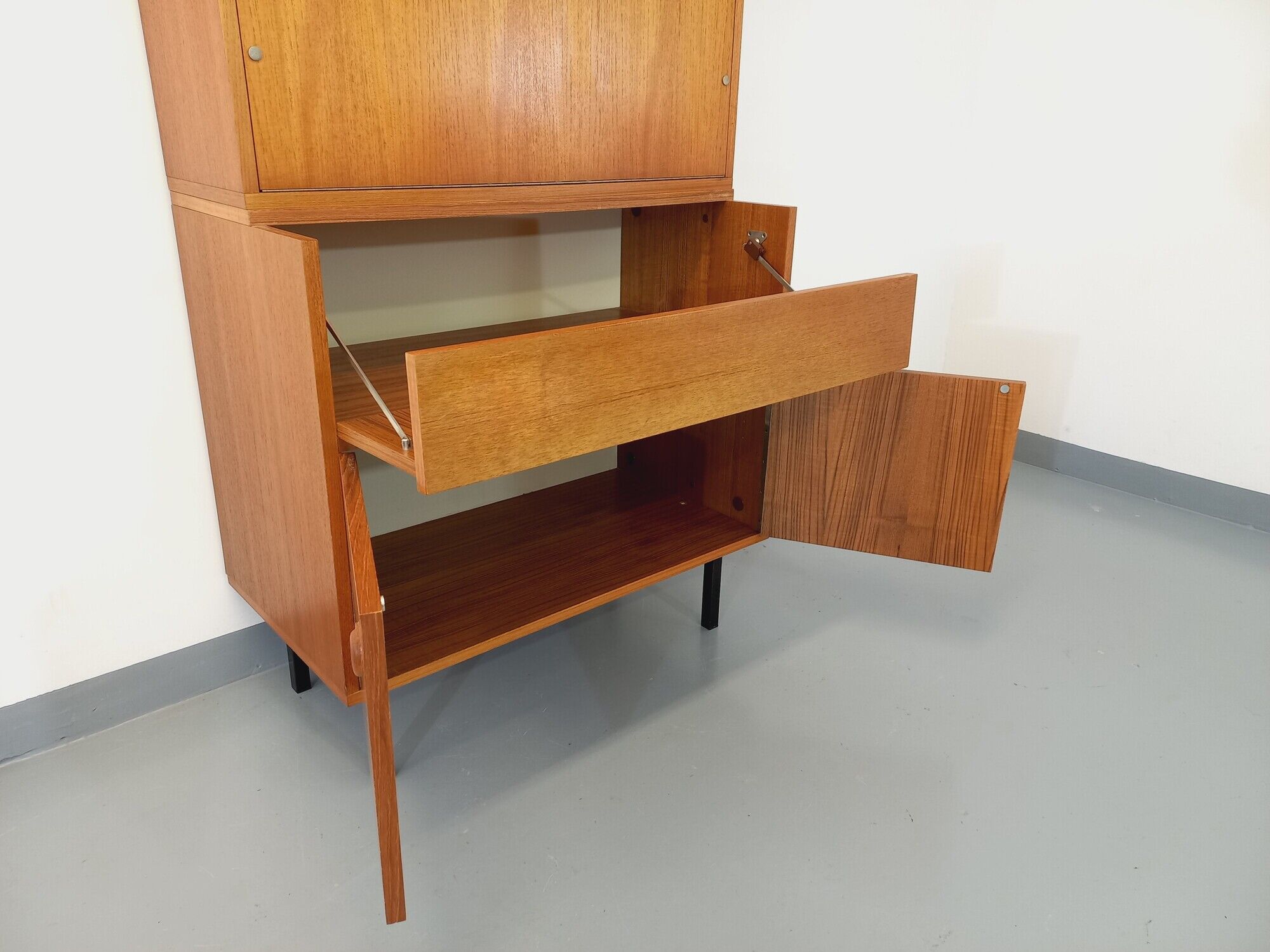 Bookcase cabinet vintage teak and metal storage secretary from the 60s